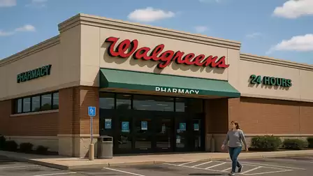 A Walgreens store entrance with a person walking by on a sunny day.