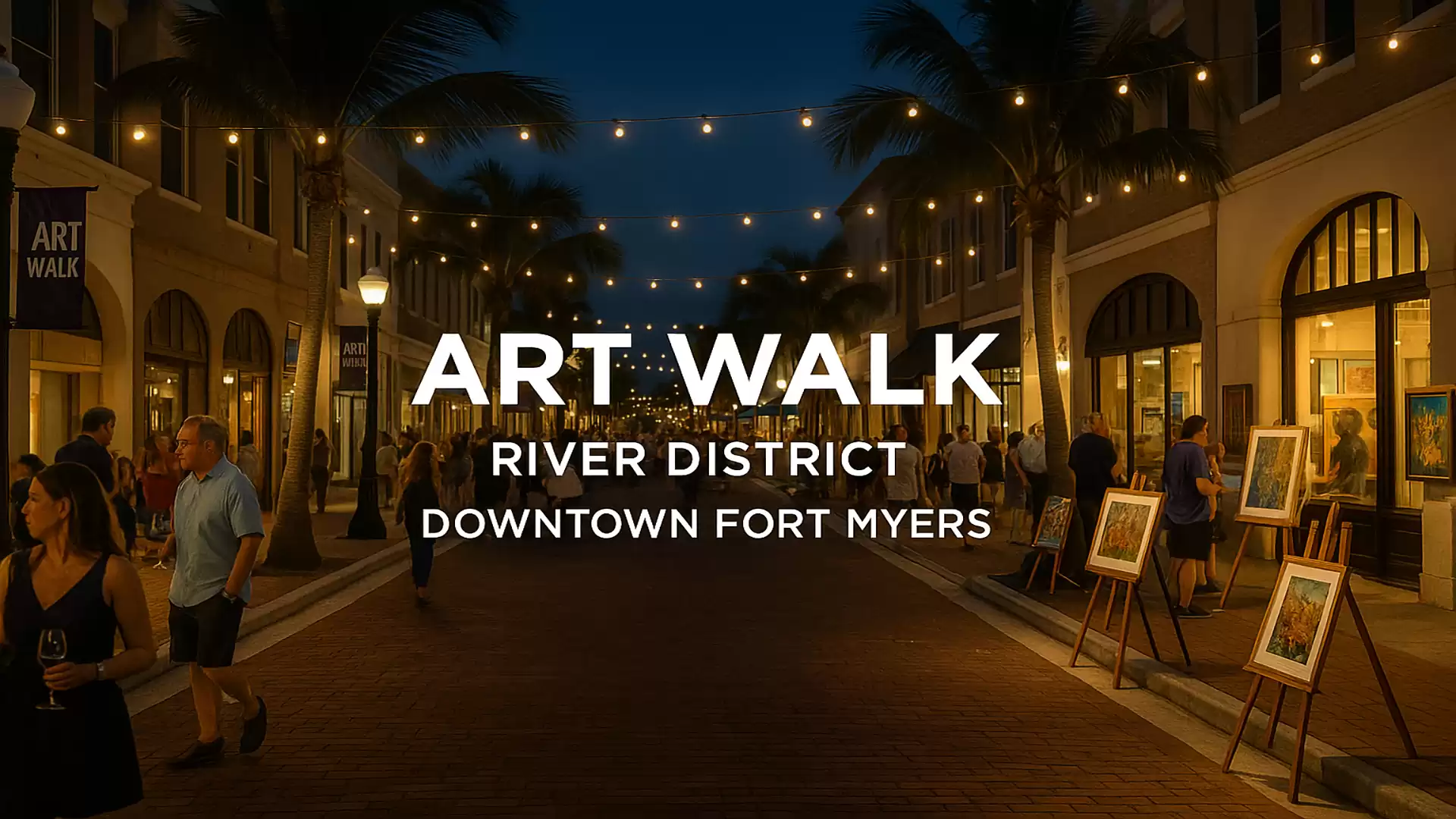 Evening street scene with art gallery in the River District in Downtown Fort Myers. People stroll between illuminated buildings and art exhibits.