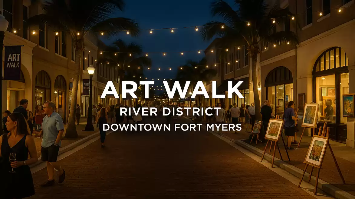 Evening street scene with art gallery in the River District in Downtown Fort Myers. People stroll between illuminated buildings and art exhibits.
