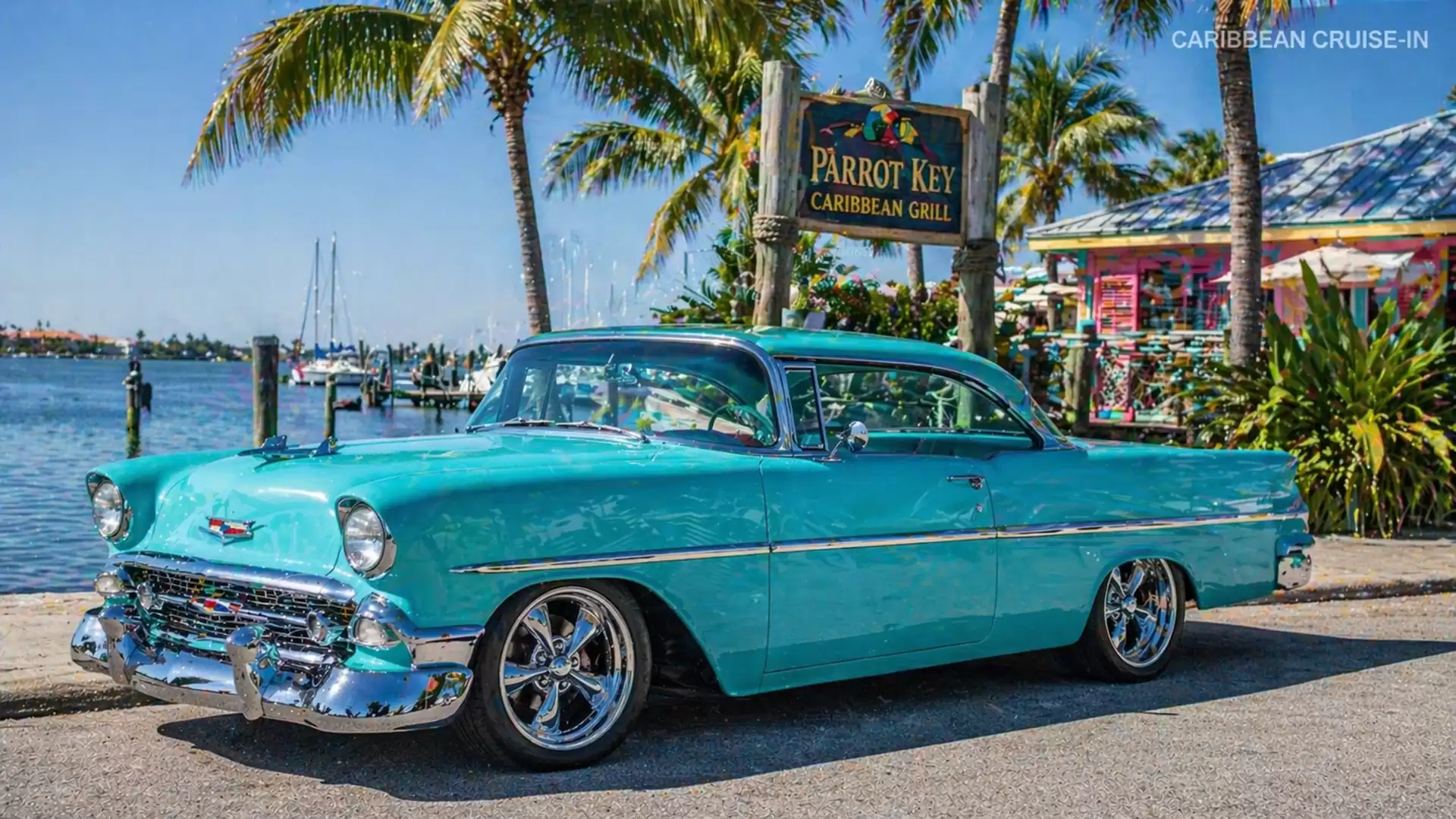 Classic turquoise car in front of a Caribbean restaurant with palm trees in the background.
