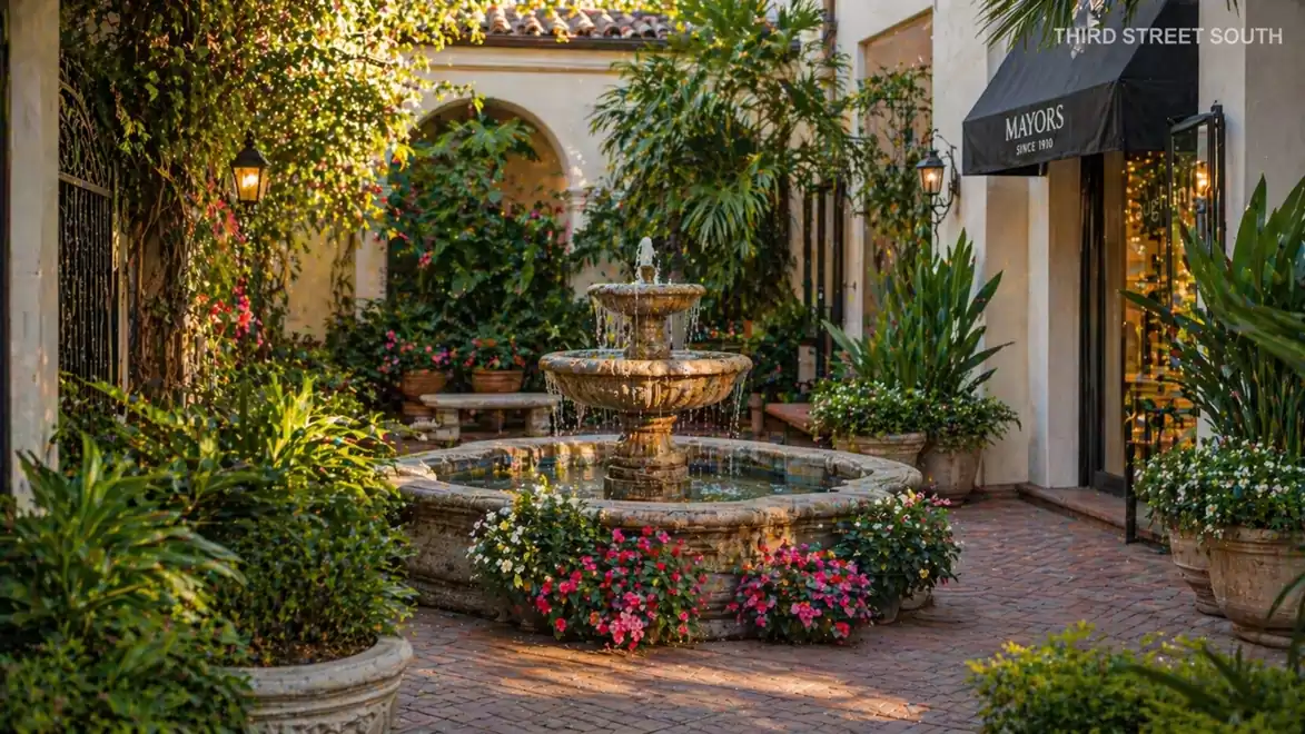 An idyllic courtyard with a central fountain, surrounded by lush greenery and flowers. On the right side of the image, there is a shop with a black awning.