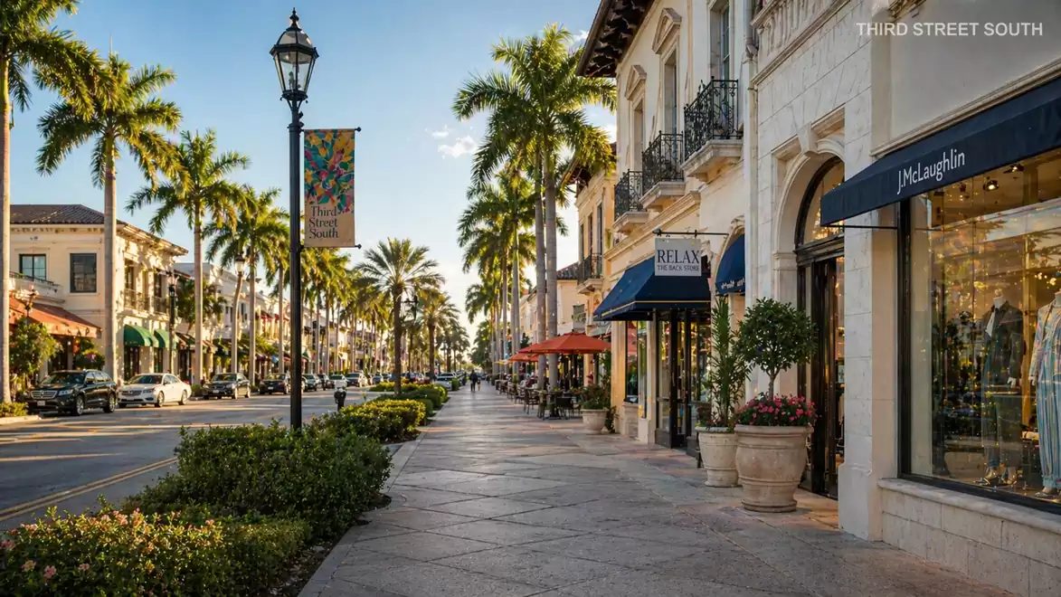 Street lined with palm trees and shops in a sunny city.