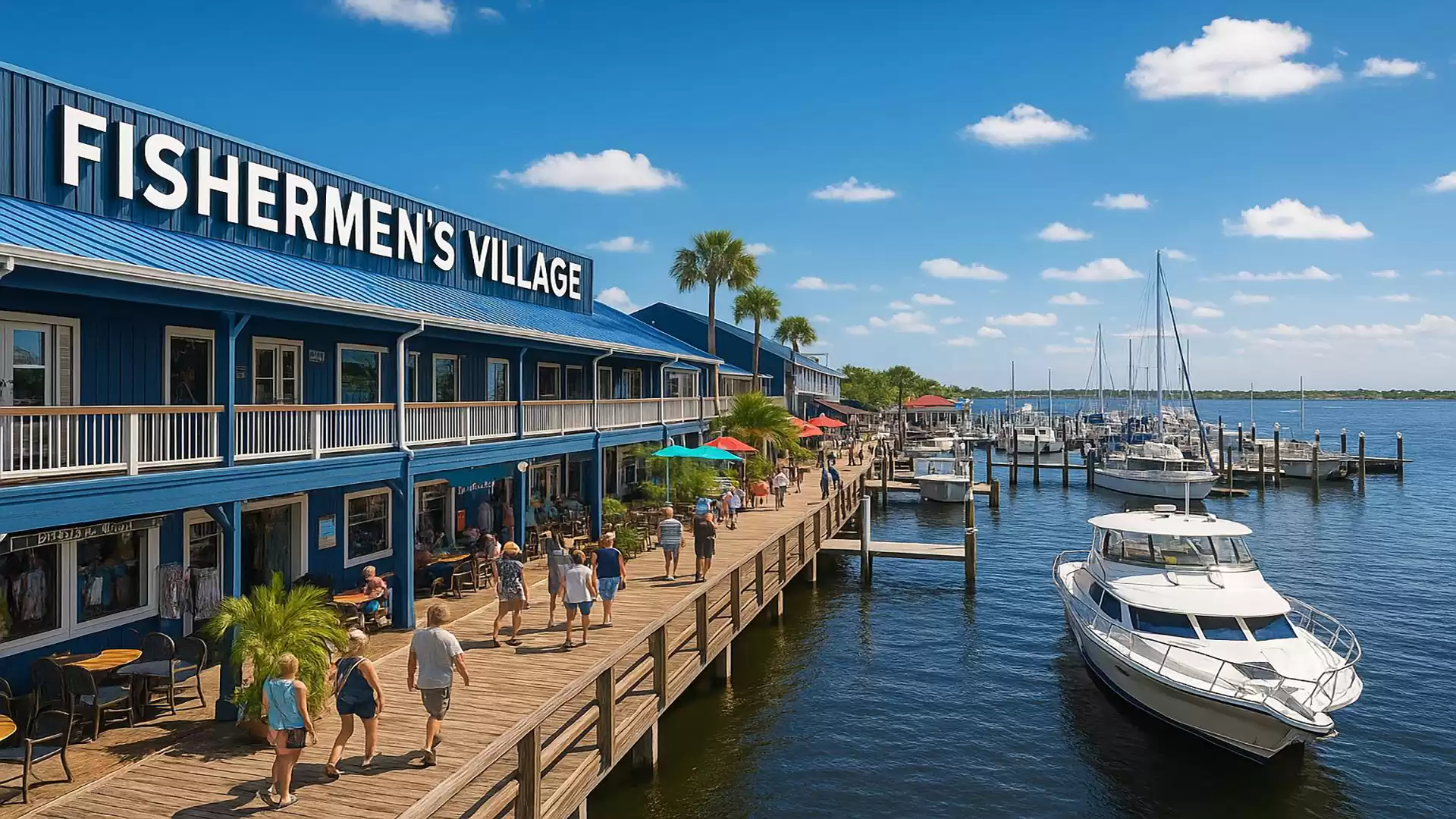 Fishermen's Village with people on a wooden boardwalk and boats in the water under sunny weather.