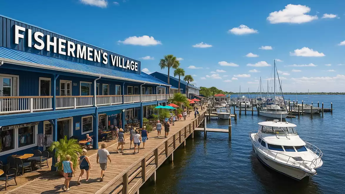Fishermen's Village with people on a wooden boardwalk and boats in the water under sunny weather.