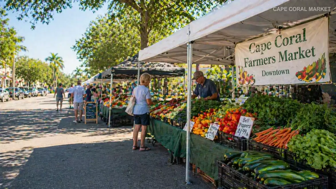 A lively farmers market in Cape Coral featuring fresh vegetables and fruits under a sunny sky. People are browsing the stalls with fresh produce.