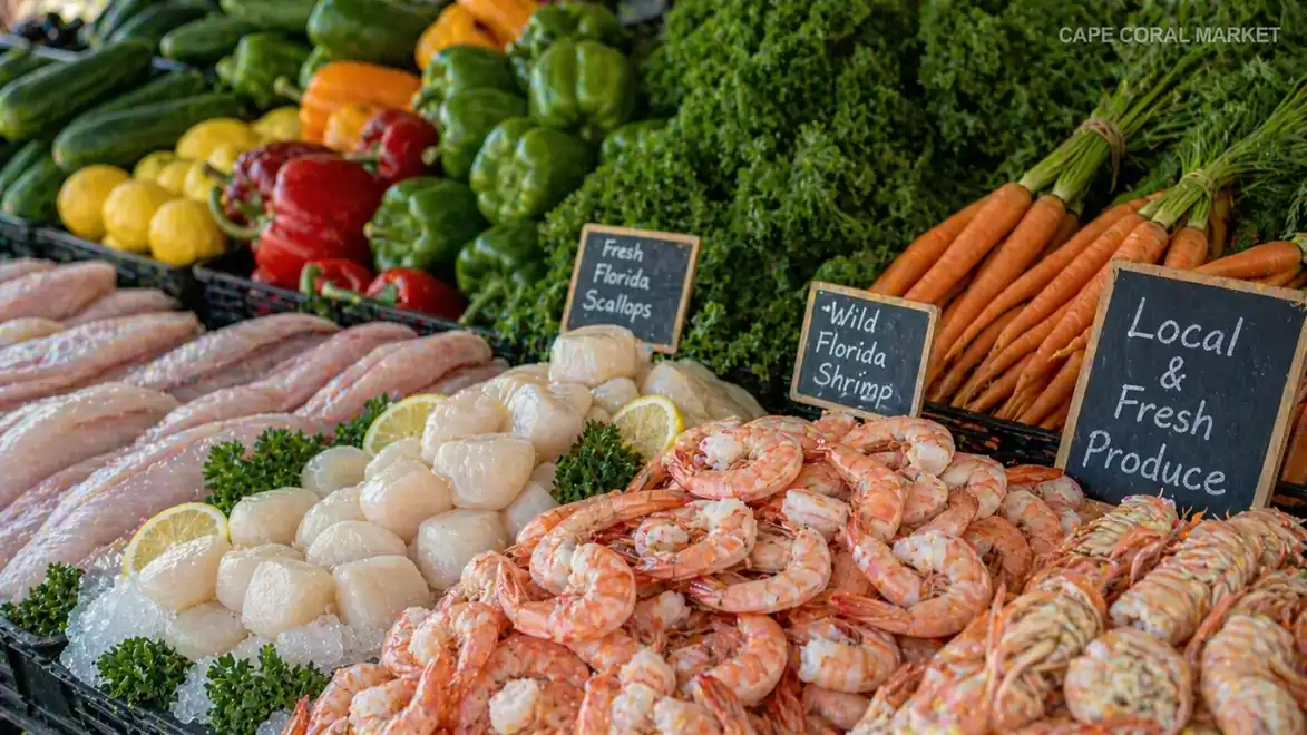 A market stall featuring colorful vegetables, seafood like shrimp and scallops. Signs indicate local and fresh produce.