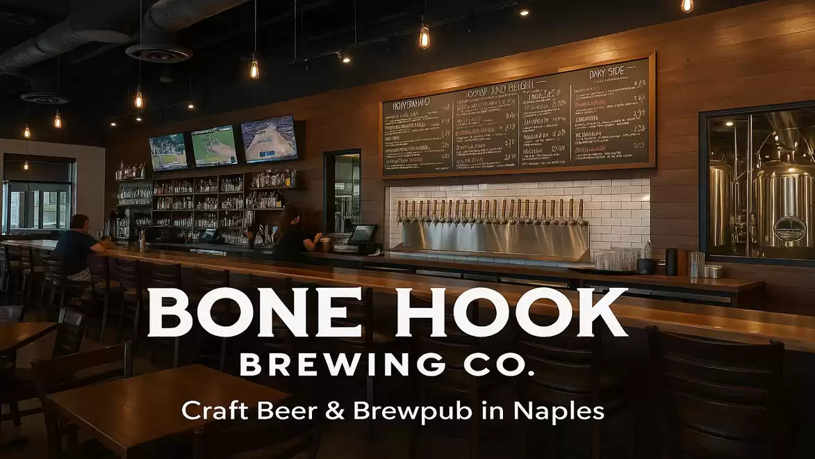 Cozy brewery and brewpub featuring a wide selection of craft beers, a bar area, and screens, known as Bone Hook Brewing Co. in Naples.