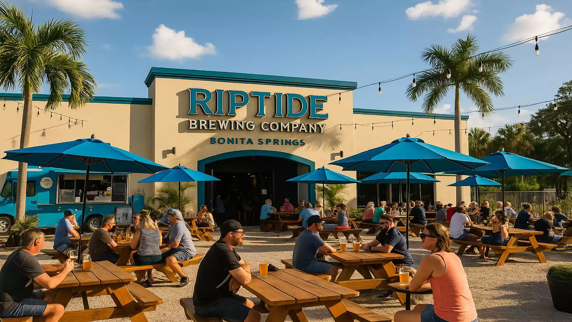 Outdoor area of a brewery with tables, umbrellas, and people relaxing on a sunny day.