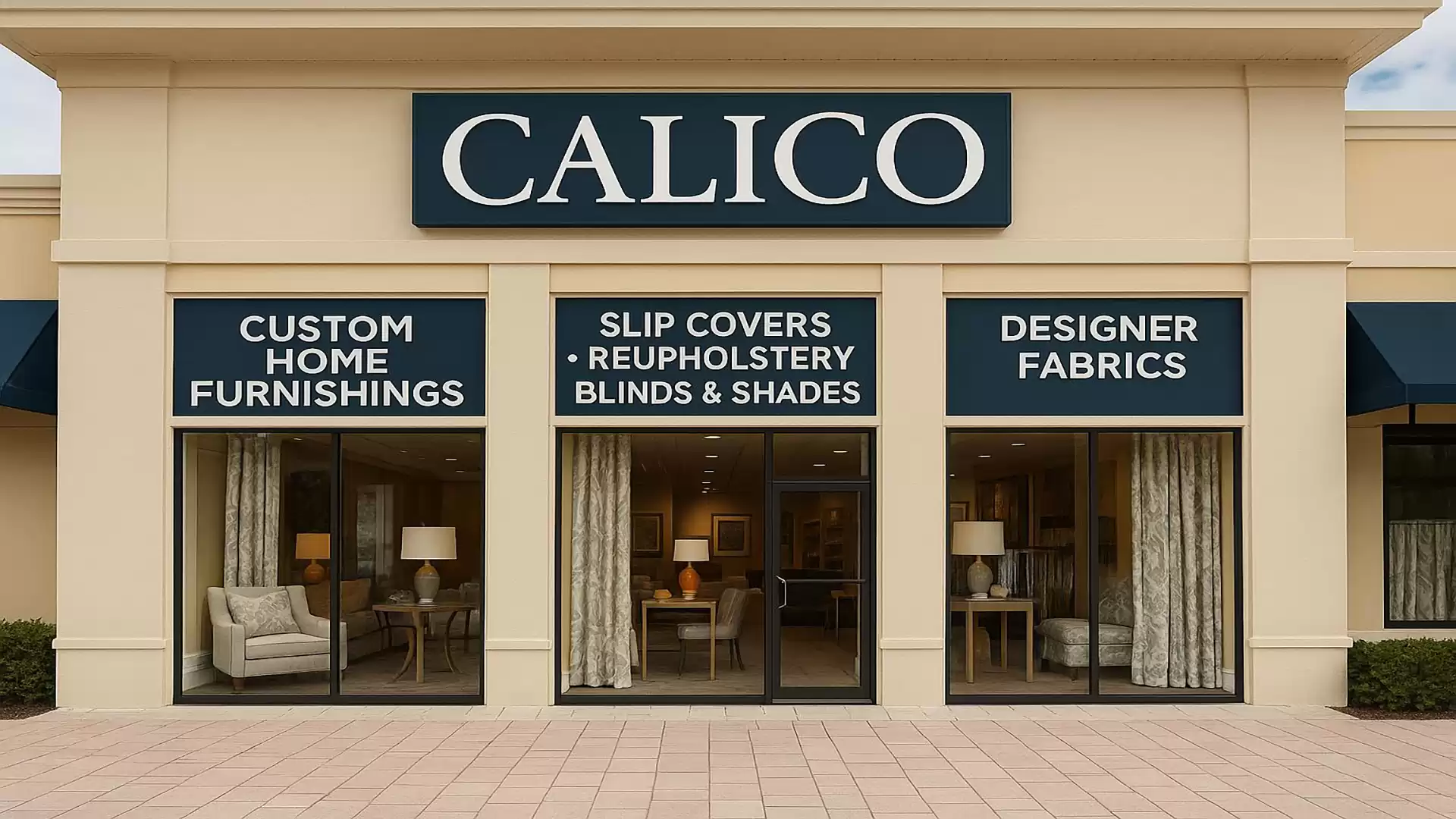 A storefront image shows the CALICO store with signs for custom home furnishings, slipcovers, upholstery, and designer fabrics.
