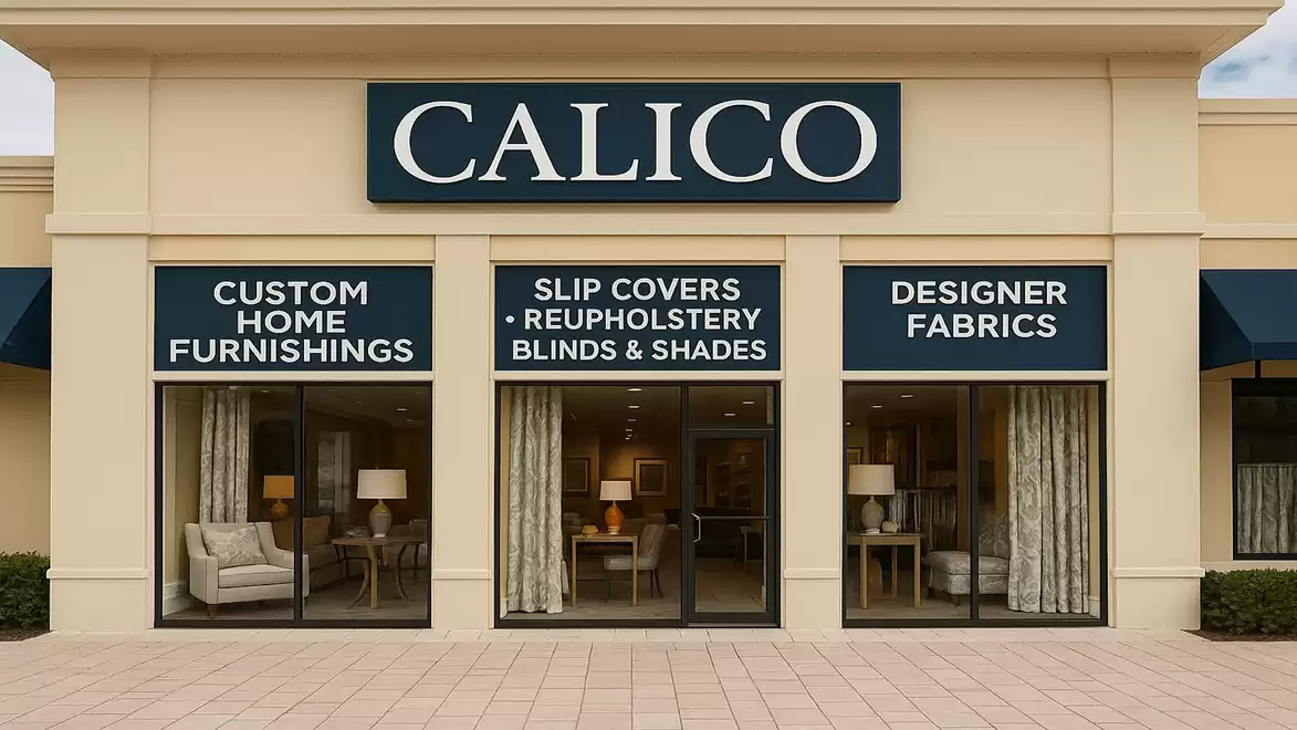 A storefront image shows the CALICO store with signs for custom home furnishings, slipcovers, upholstery, and designer fabrics.