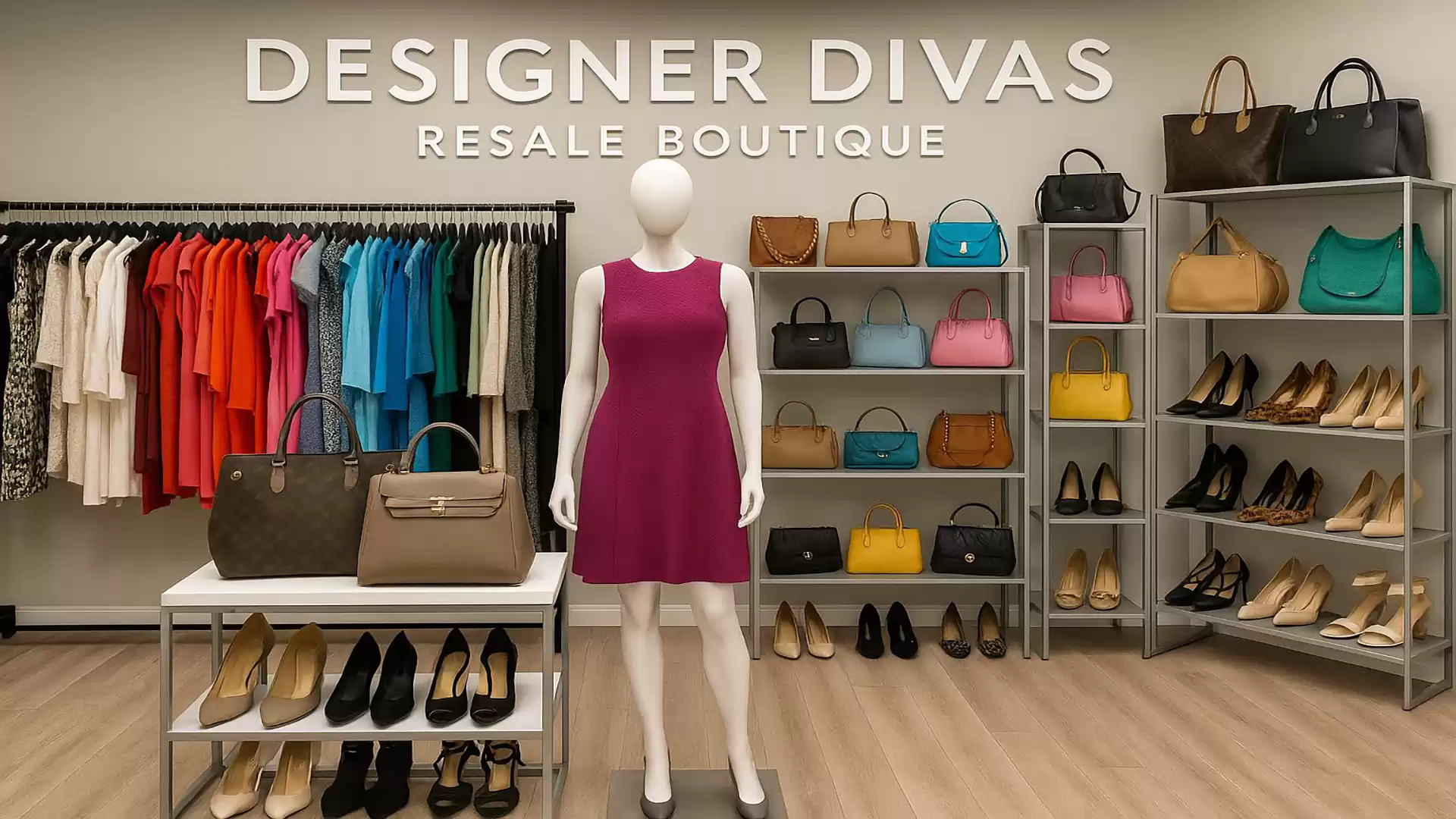 Interior view of a designer boutique with a mannequin in a red dress. Surrounded by shelves with handbags and shoes.