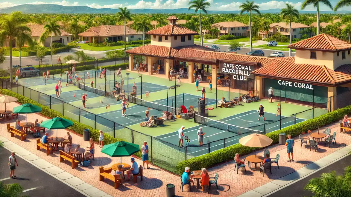 A vibrant racquetball club in Cape Coral with many people playing on the courts or sitting at the edge, surrounded by palm trees and residential houses.
