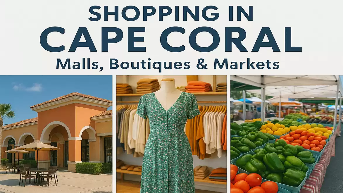 Image of shopping in Cape Coral with malls, boutiques, and markets. On the left a shopping center, in the middle a dress, and on the right a market stall with vegetables.
