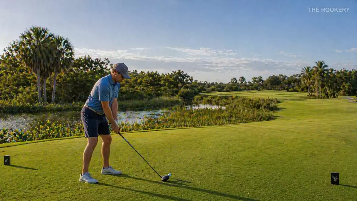 A golfer in blue shorts and polo shirt prepares for a swing, surrounded by a scenic landscape with palm trees and a pond.