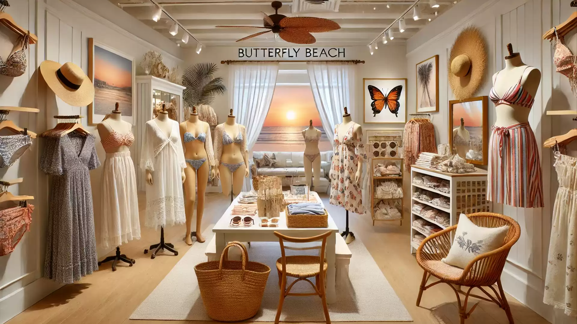 An elegant beachwear store with a diverse selection of summer dresses, hats, and accessories. A sunset picture in the background adds a welcoming atmosphere.