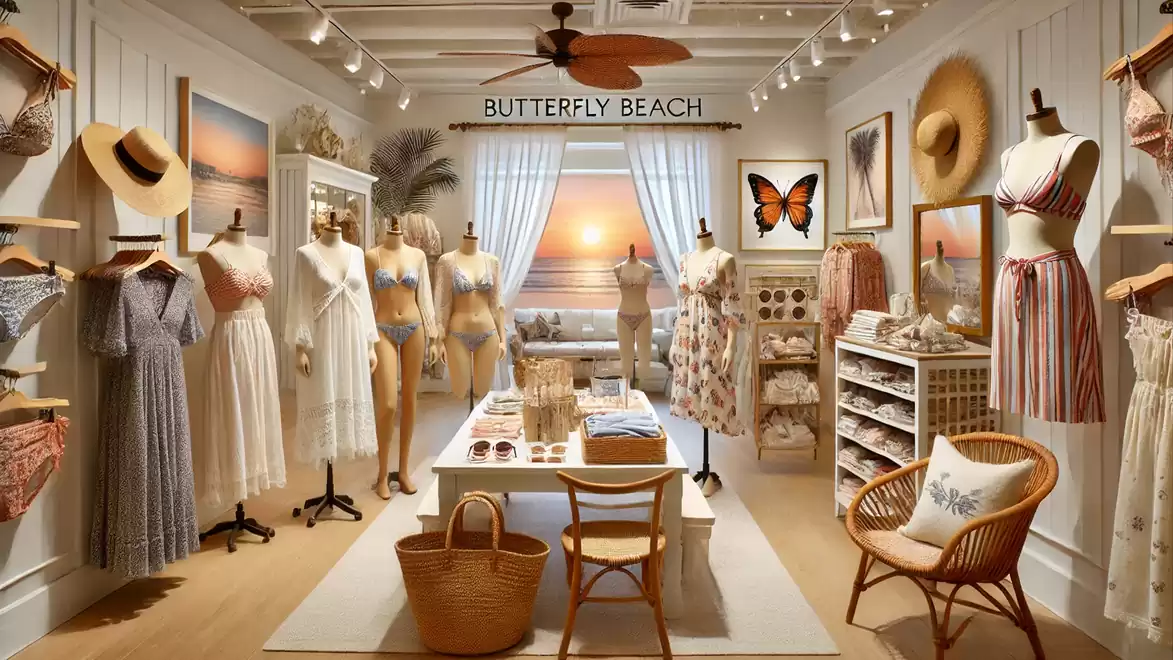 An elegant beachwear store with a diverse selection of summer dresses, hats, and accessories. A sunset picture in the background adds a welcoming atmosphere.