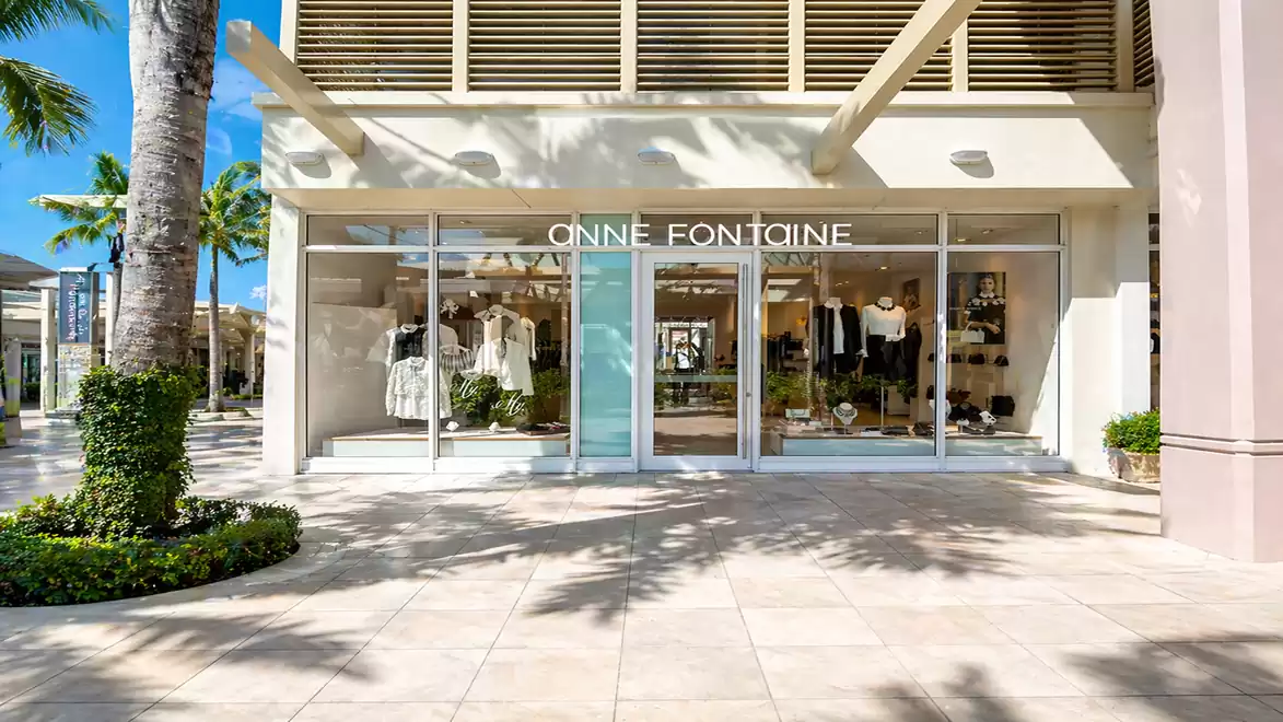 Elegant photo of a fashionable clothing store with stylish windows, surrounded by palm trees in the sunshine.