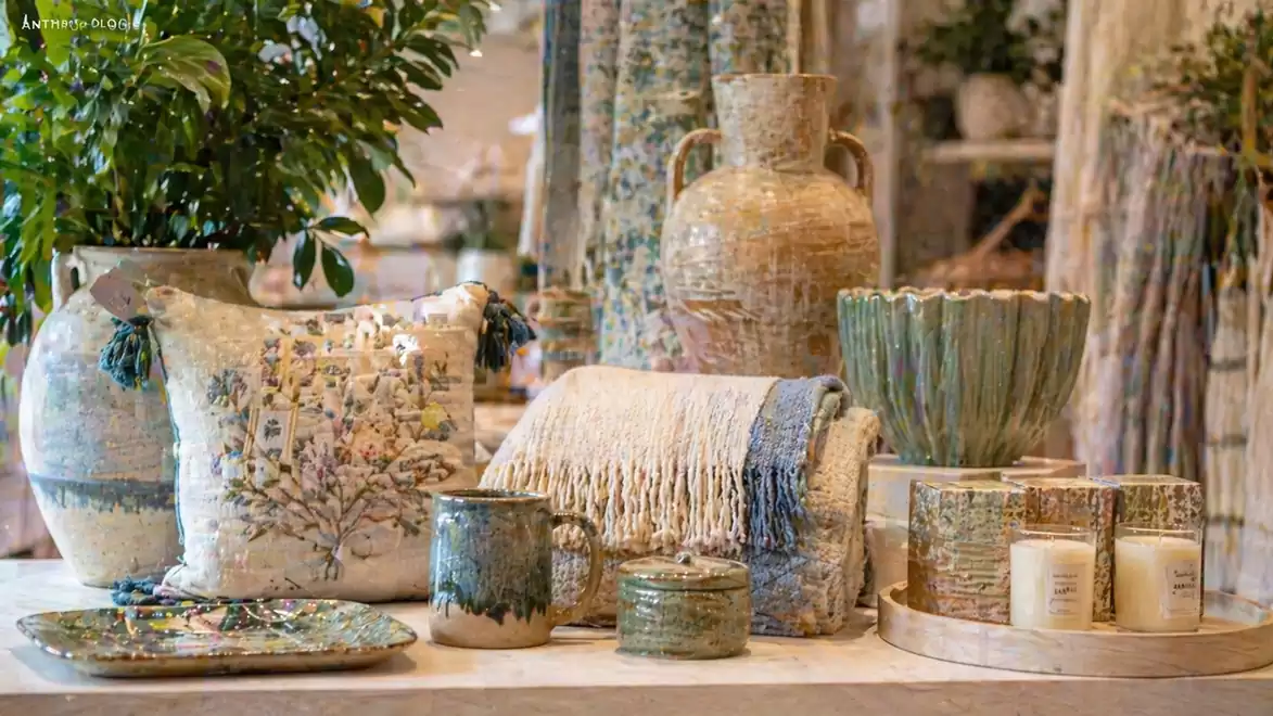 A balanced arrangement of rustic décor items, including ceramic vases, woven cushions, and candles on a table.