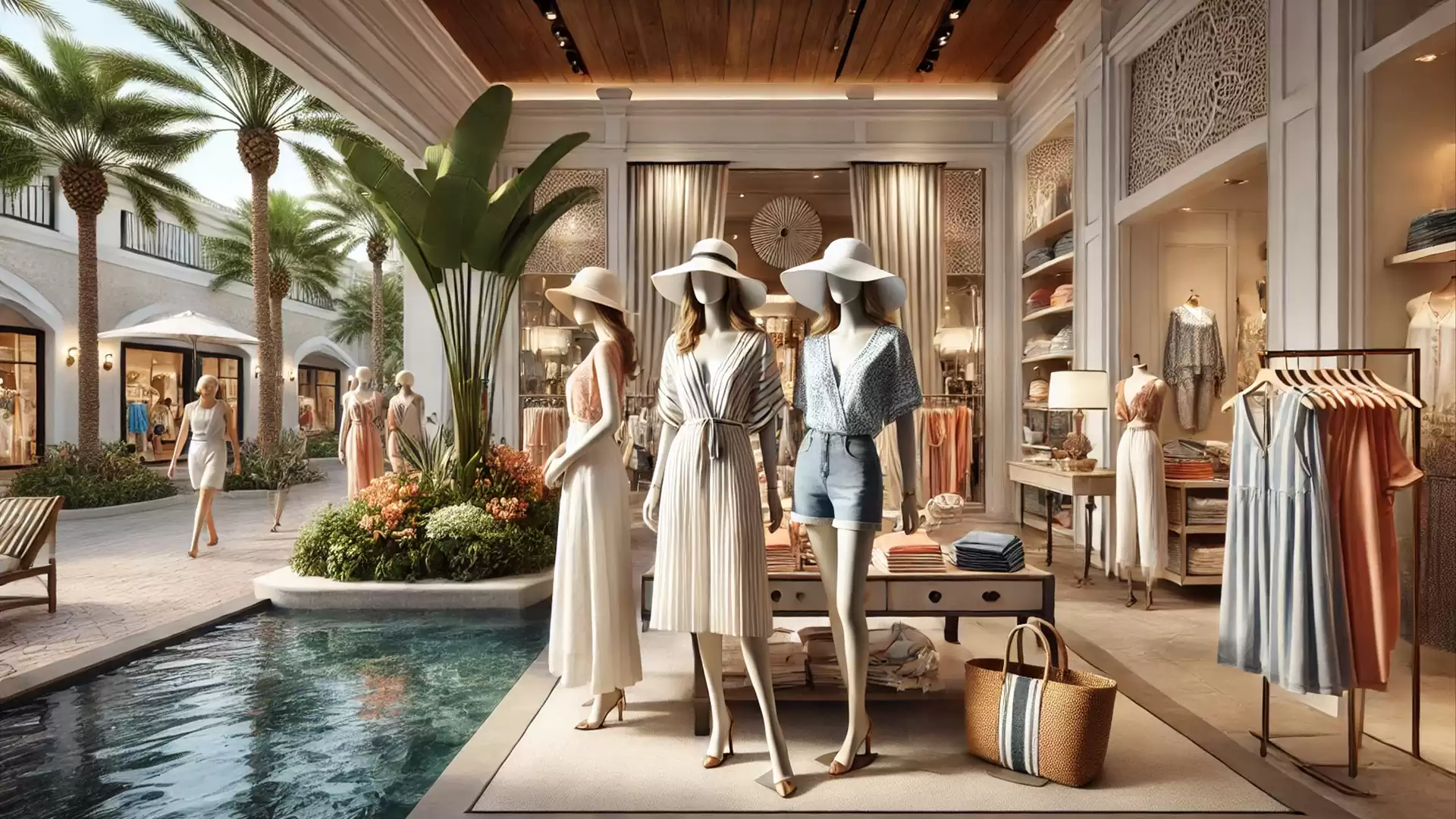 Luxury boutique with mannequins displaying elegant summer clothing and hats, surrounded by tropical vegetation and an elegant courtyard with a pool.