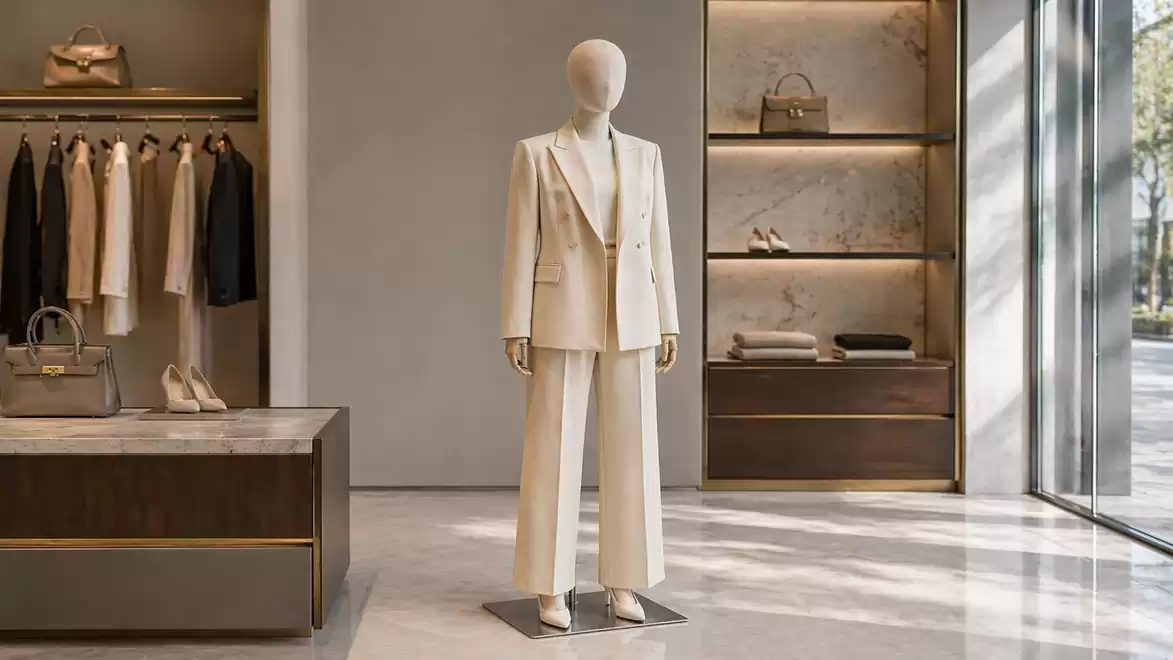 Elegant fashion store featuring a female mannequin in a cream-colored suit, surrounded by stylish accessories and bright decor.