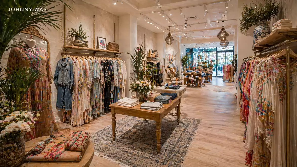 Interior view of a stylishly decorated clothing store with wooden furniture and bohemian-inspired dresses.