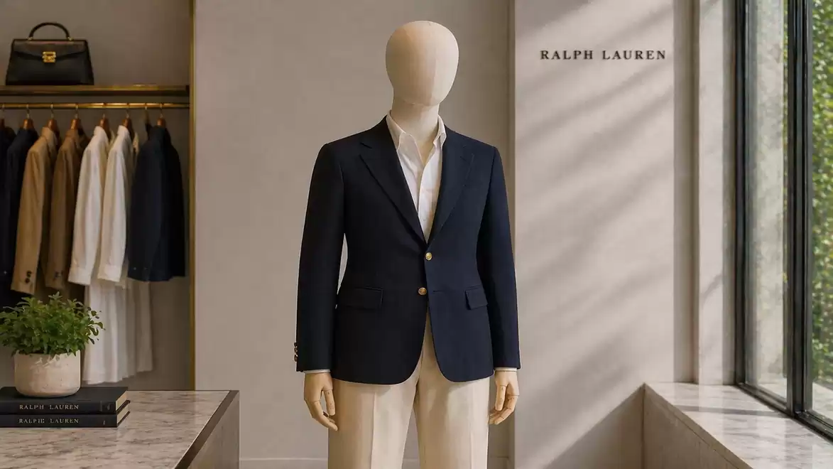 Elegant mannequin wearing a blue blazer and beige trousers in a stylish fashion store