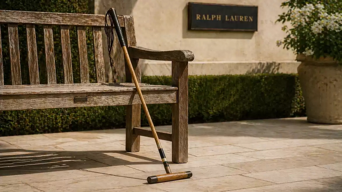 Wooden bench with a polo stick in front, a sign in the background reads 'Ralph Lauren'.