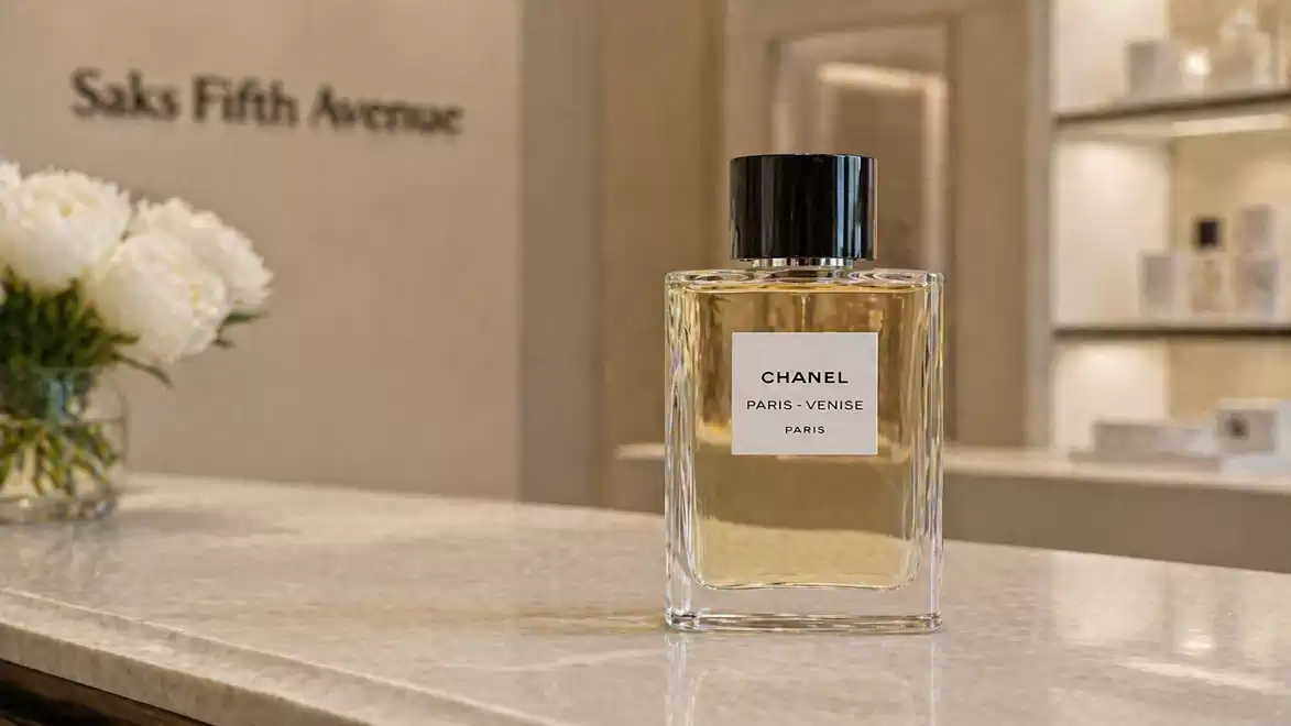 A bottle of Chanel Paris-Venise perfume on a marble counter in an elegant store with 'Saks Fifth Avenue' sign in the background.