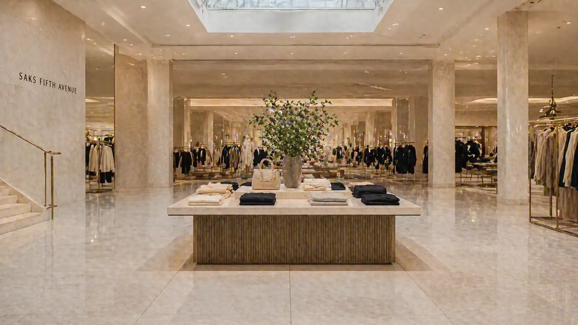 Interior view of a luxurious department store with a stylishly arranged table in the center and elegant clothing items in the background.