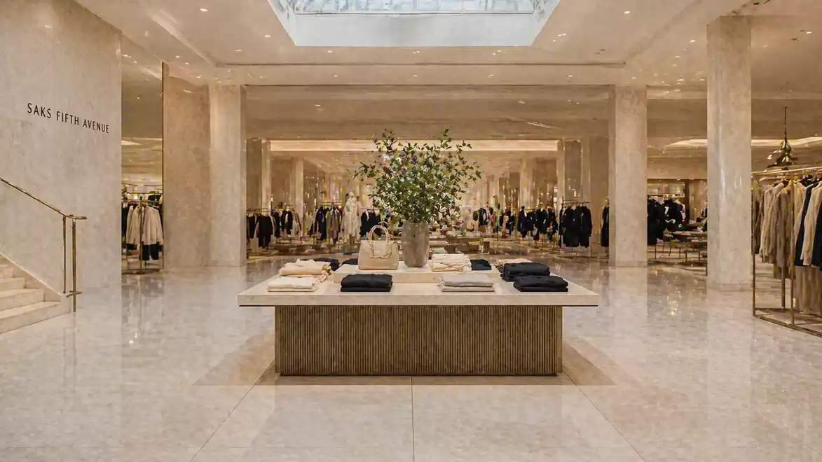 Interior view of a luxurious department store with a stylishly arranged table in the center and elegant clothing items in the background.