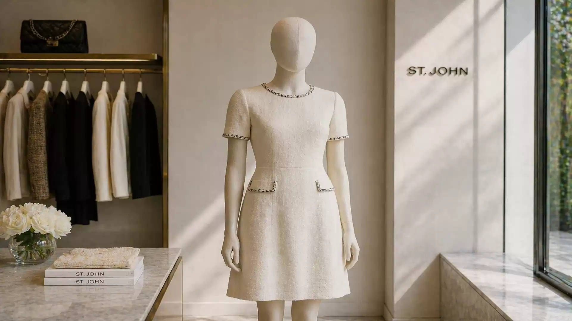 Elegant mannequin display in a fashion store featuring a stylish white dress with chic details. The background shows hanging designer clothes and minimalist decor.