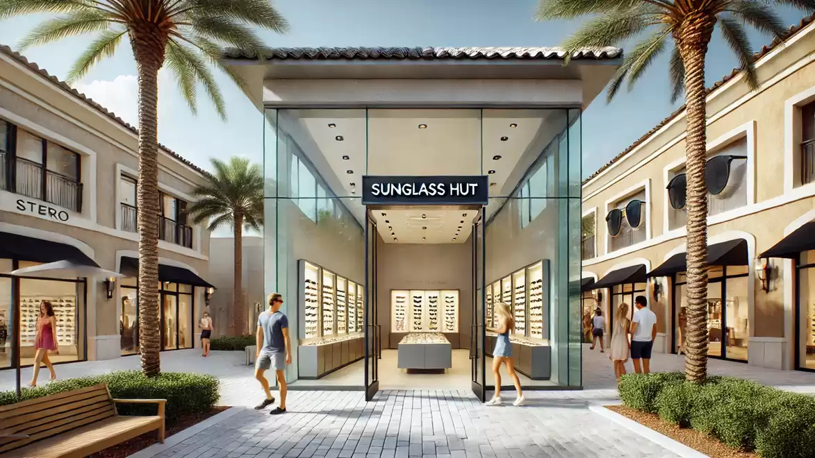 Shopping street with modern glass-front stores, palm trees, and people walking by.