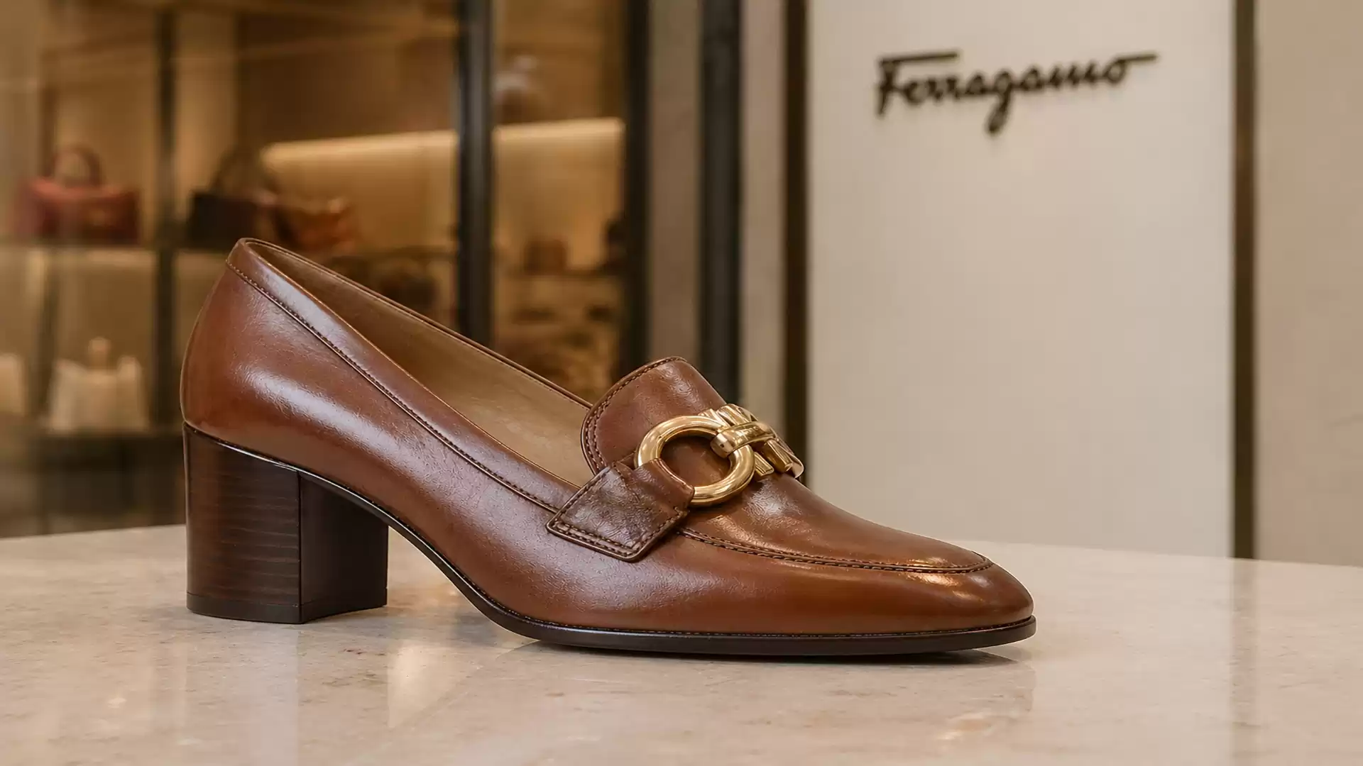 Brown leather shoe with heel and gold buckle in front of a Ferragamo boutique.