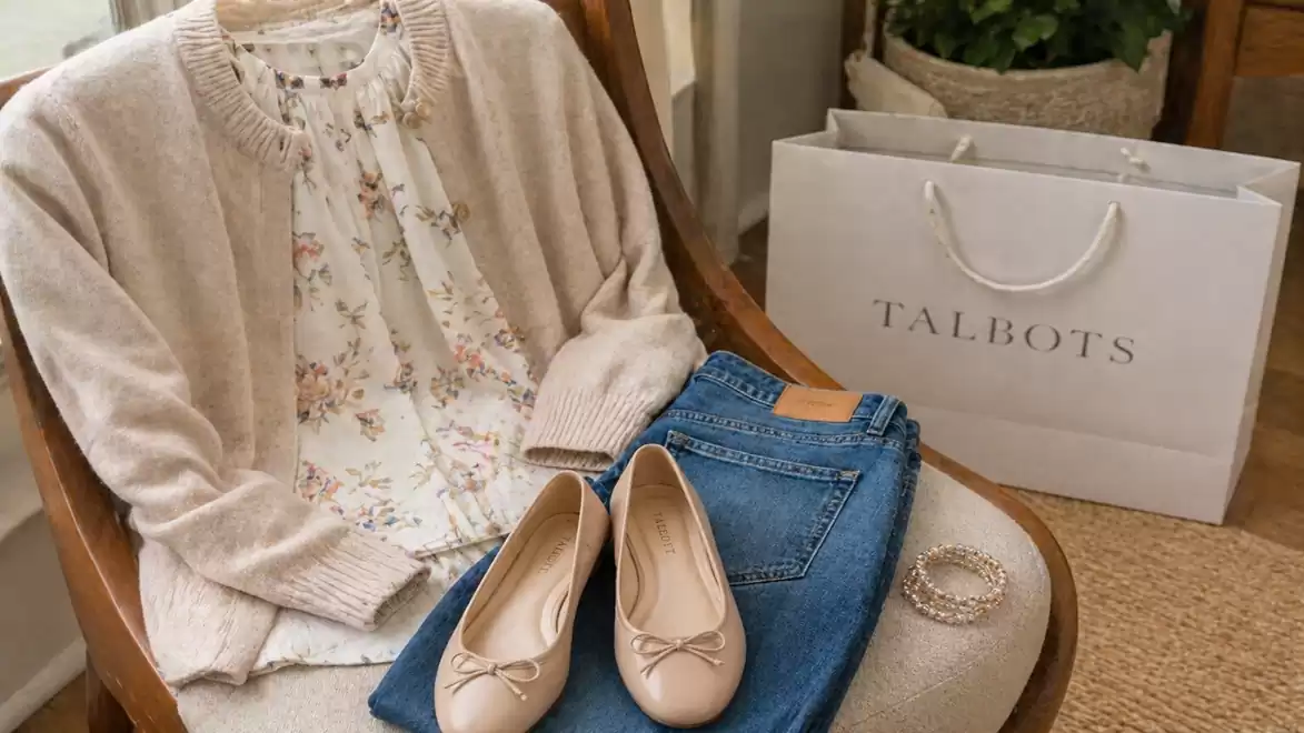 A beige knit cardigan with a floral blouse, blue jeans, and beige ballet flats, arranged on a chair. Next to it is a shopping bag from Talbots.
