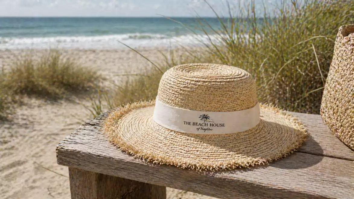 A straw hat sits on a wooden bench at the beach, surrounded by dunes and the ocean in the background.