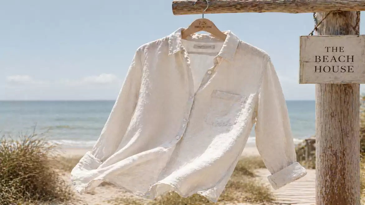 A white linen shirt hangs on a wooden beam in front of a beach overlooking the sea. A sign reading 'The Beach House' is also visible.