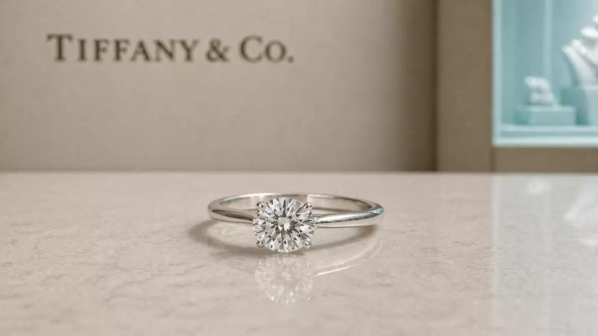 An elegant engagement ring with a large diamond on a table, with the Tiffany & Co. logo in the background.