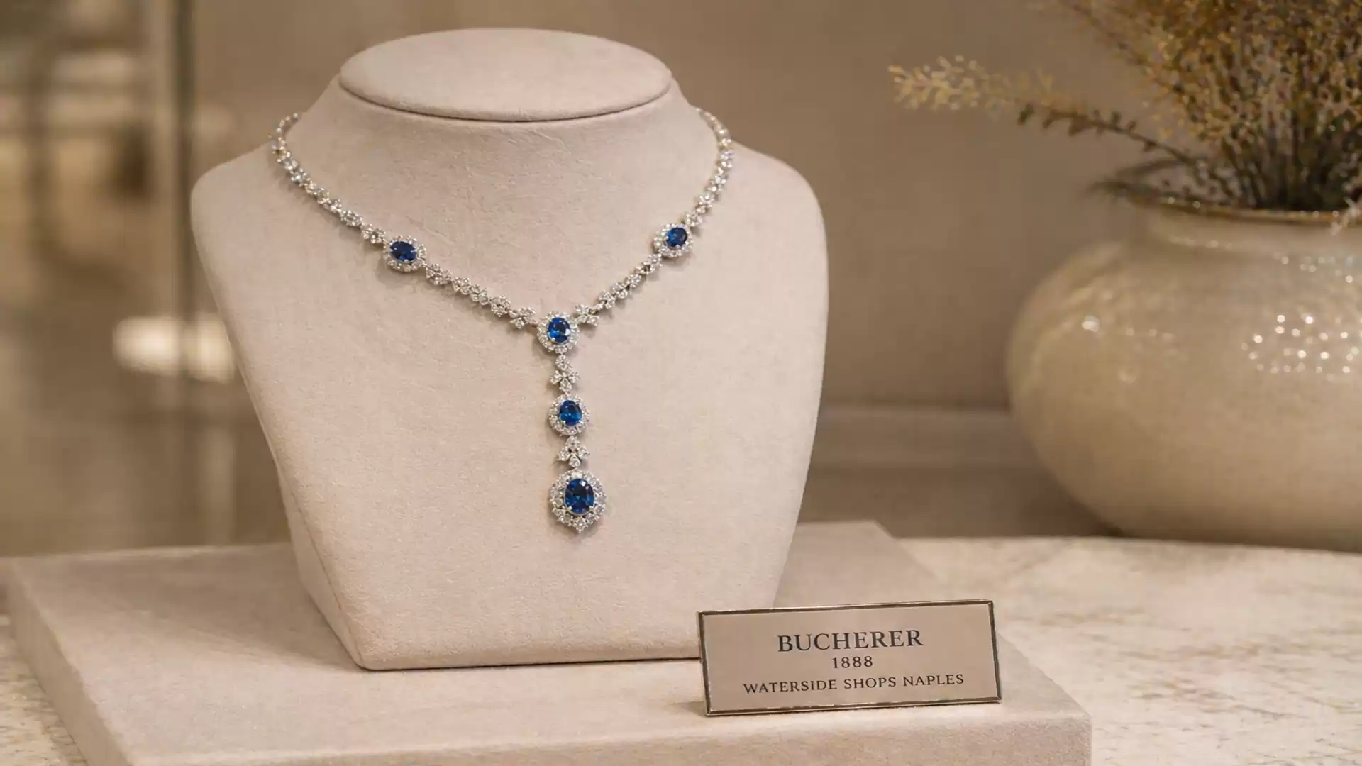 An elegant necklace with blue gemstones and diamonds, displayed on a white jewelry stand, accompanied by a plaque reading 'Bucherer 1888'.