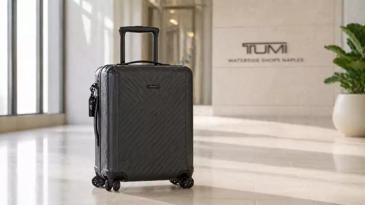 A sleek, black trolley suitcase stands in a modern building with a Tumi logo in the background.