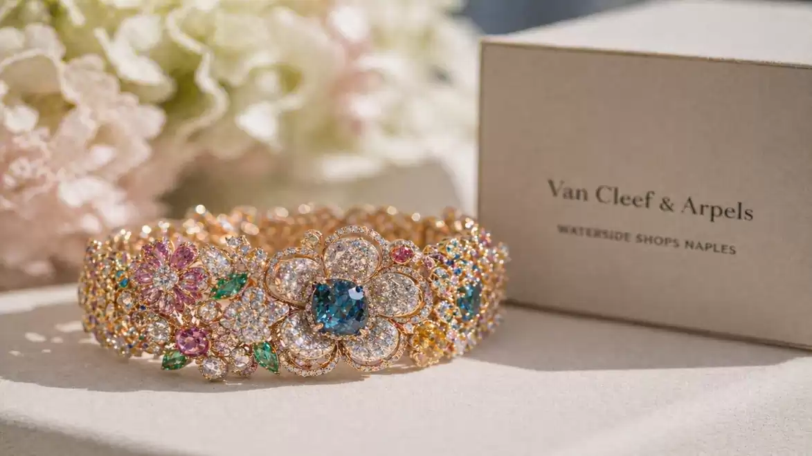 A luxurious bracelet by Van Cleef & Arpels with intricate designs and colorful gemstones, showcased next to an elegant box.
