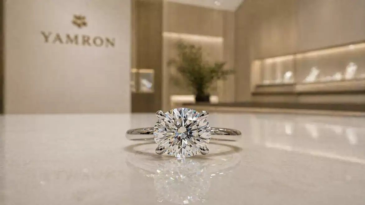 Elegant diamond ring on a marble display in a luxurious jewelry store with a blurred background.