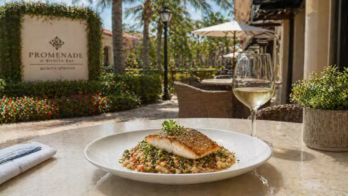 A plate of grilled fish and vegetables on a sunny terrace with a glass of white wine.