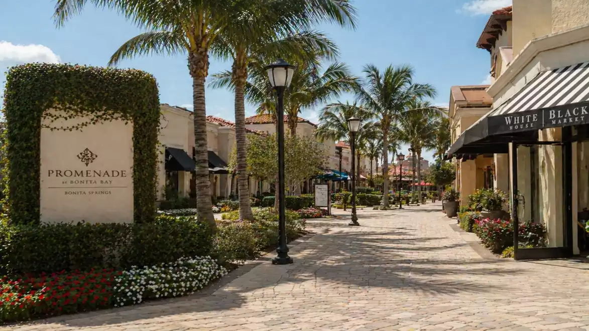 An elegant shopping boulevard lined with palm trees, shops, and well-maintained flower beds.