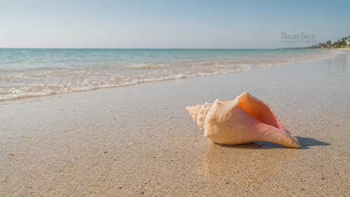 A large seashell lies on the sandy beach with the sea in the background under a clear blue sky.