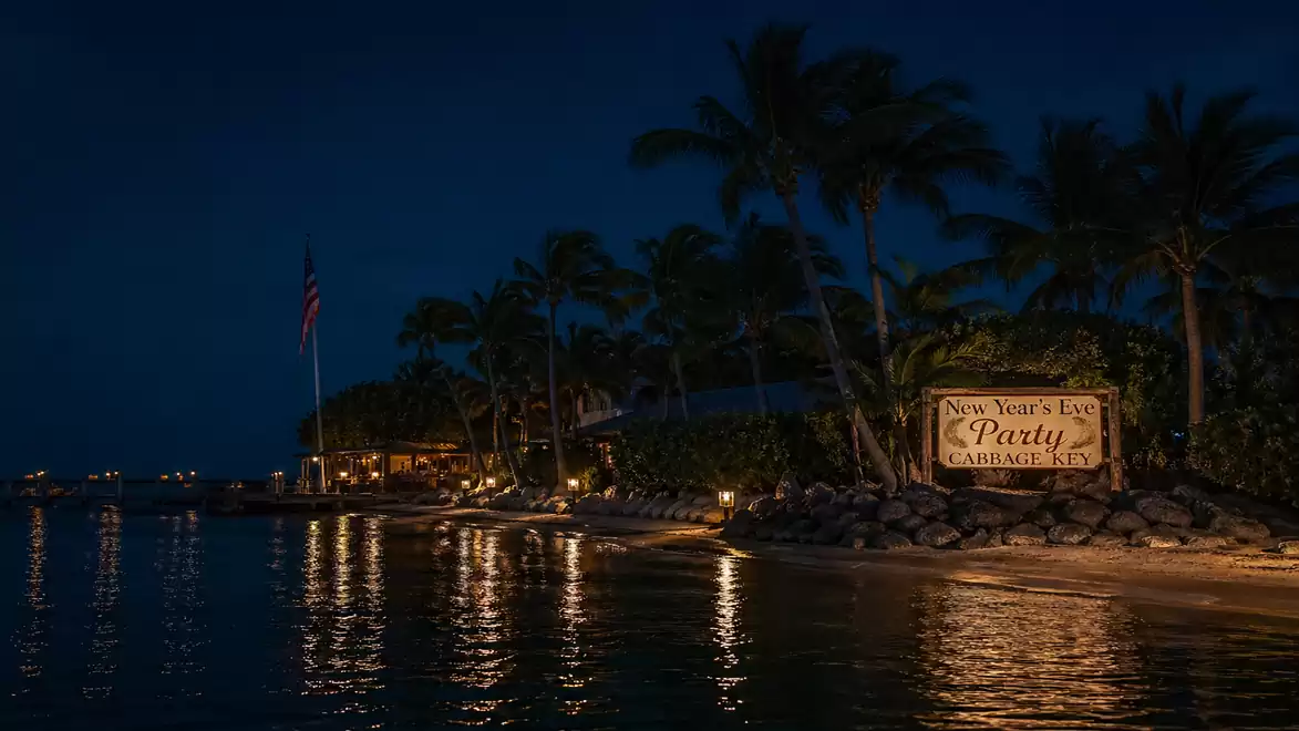 A nighttime beach scene with palm trees, illuminated by warm lights and a sign inviting to a New Year's Eve party.