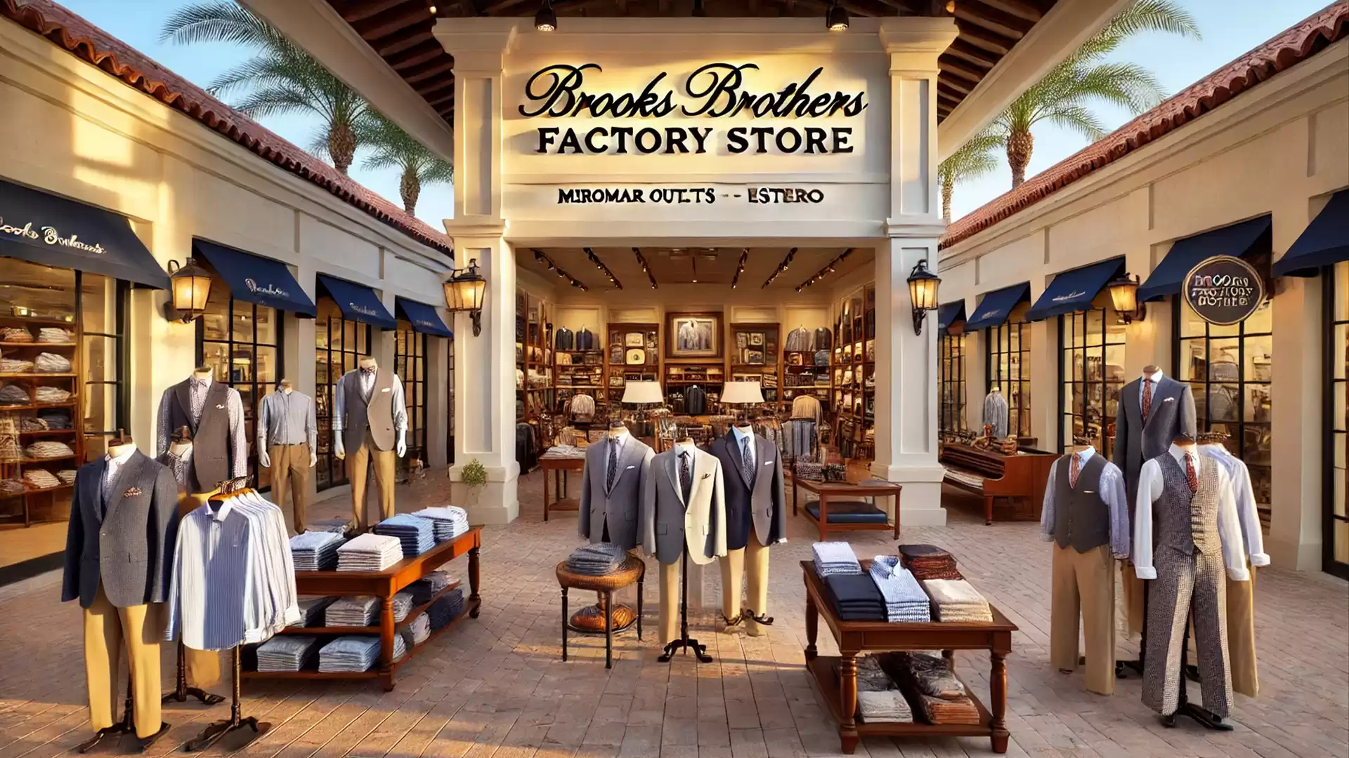 Entrance of Brooks Brothers Factory Store in Estero featuring elegant men's suits in the display.