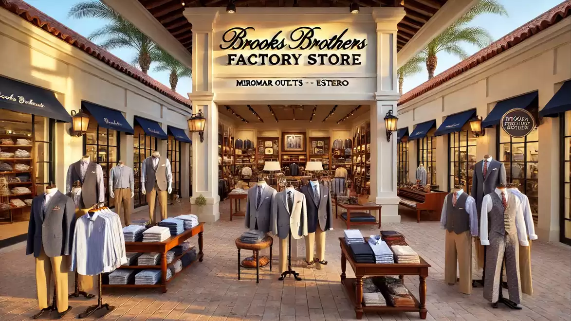 Entrance of Brooks Brothers Factory Store in Estero featuring elegant men's suits in the display.