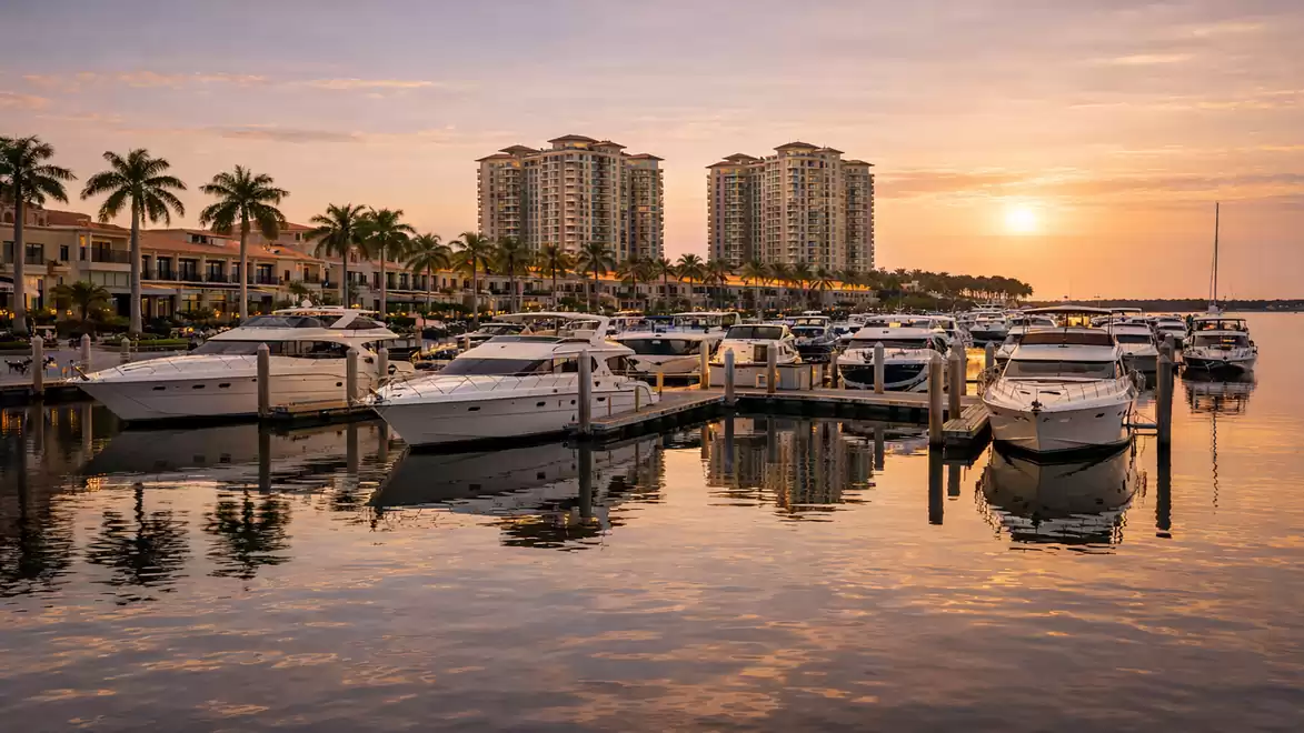 Marina at sunset with boats and high-rise buildings in the background, surrounded by palm trees.