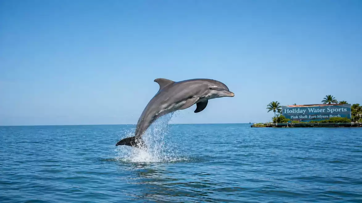 Jumping dolphin out of the water against a sunny background with palm trees.
