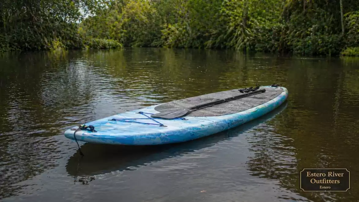 A blue stand-up paddleboard floats on a calm river surrounded by lush vegetation.